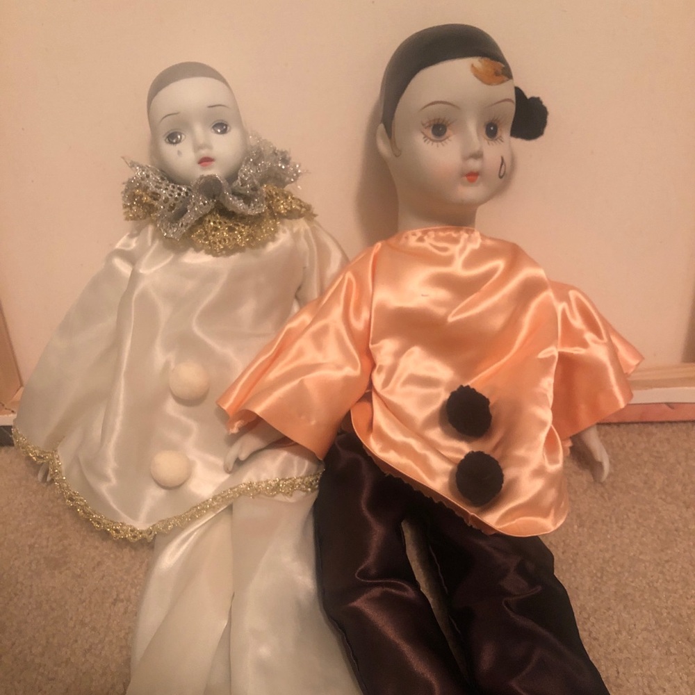 Two Antique Porcelain Harlequin Clown Dolls